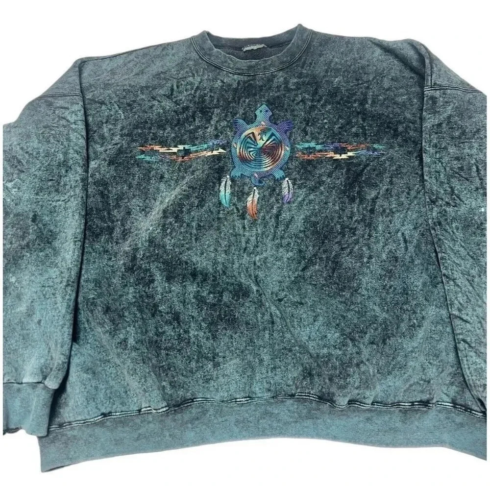 Vtg Sweatshirt Blue Green Acid Stone Washed Southwestern Aztec Sz XL Or XXL 90s